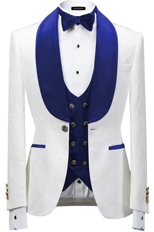 Royal Blue Shawl Collar Three-Piece New Jacquard Wedding Ensemble