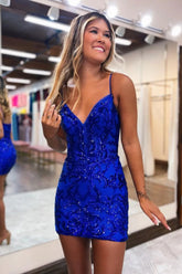 Royal Blue Short Homecoming Dress with Embroidery and Spaghetti Straps in Bodycon Style