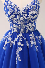 Royal Blue Spaghetti Straps A-Line Tulle Homecoming Dress with Appliques