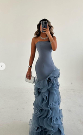 Grey strapless ruffled mermaid evening dress