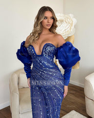 Royal Blue Sweetheart Bubble Long Sleeves Strapless Mermaid Sequins Formal Dress