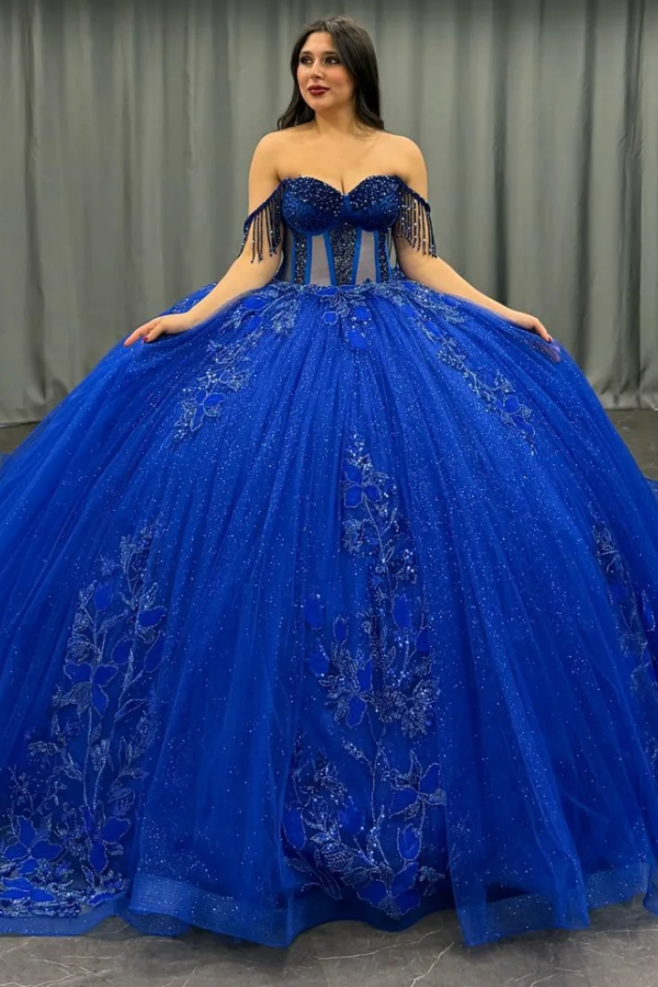 Royal Blue Sweetheart Off-Shoulder Beaded Floral Applique Ball Gown Quinceanera Dress