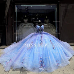 Royal Blue Sweetheart Sleeveless 3D Floral Applique Tulle Ball Gown Quinceanera Dress