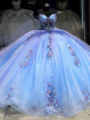Royal Blue Sweetheart Sleeveless 3D Floral Applique Tulle Ball Gown Quinceanera Dress