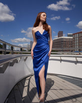 Royal Blue Sweetheart Sleeveless Ruched Mermaid Satin High Slit Formal Evening Gown