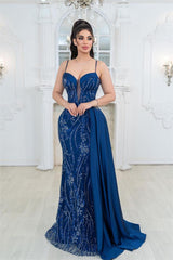 Royal Blue Sweetheart Spaghetti Straps Sequined Mermaid Floor Length Formal Evening Dress