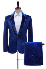 Royal Blue Velvet Two-Piece Notched Lapel Prom Suit With Gold Sequins