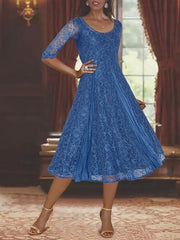A Line Princess Scoop Half Sleeves Tea Length Mother Of The Bride Dresses With Appliques Wrap