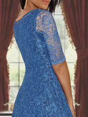 A Line Princess Scoop Half Sleeves Tea Length Mother Of The Bride Dresses With Appliques Wrap