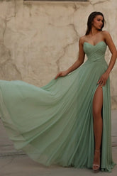 Sage Green Chiffon A-Line Evening Dress Strapless Sweetheart Ruched Corset Floral Waist Side Slit Open Back Formal Gown