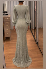 Sage Green High Neck Puff Long Sleeve Beaded Sequined Mermaid Sweep Formal Evening Gown