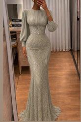 Sage Green Chiffon Mermaid Evening Dress Scoop Neck Puff Long Sleeve Crystal Beading Lace Formal Gown with Sweep Train