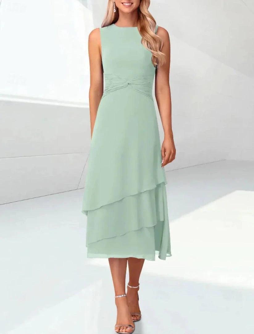 Sage Green Chiffon Mother of the Bride Dress Two Piece 3/4 Sleeve Jacket Tiered Tea Length Formal Gown
