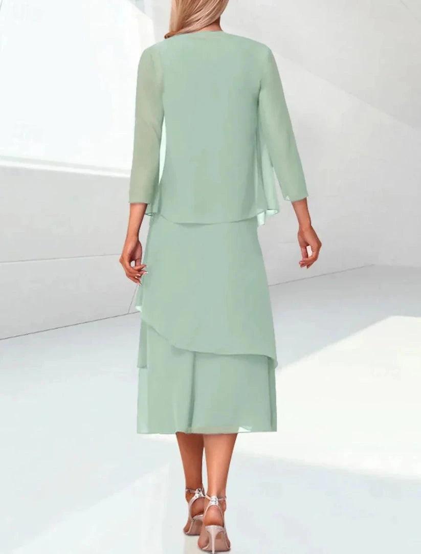 Sage Green Chiffon Mother of the Bride Dress Two Piece 3/4 Sleeve Jacket Tiered Tea Length Formal Gown