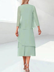 Sage Green Chiffon Mother of the Bride Dress Two Piece 3/4 Sleeve Jacket Tiered Tea Length Formal Gown