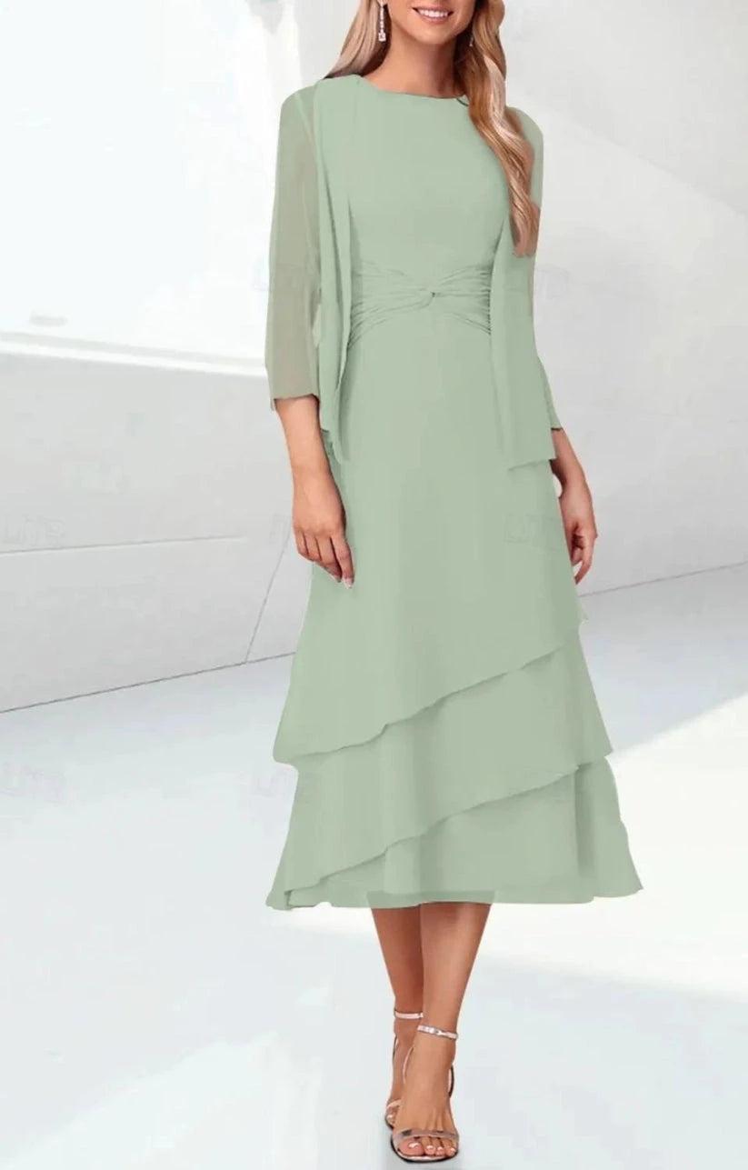 Sage Green Chiffon Mother of the Bride Dress Two Piece 3/4 Sleeve Jacket Tiered Tea Length Formal Gown