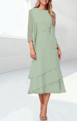 Sage Green Chiffon Mother of the Bride Dress Two Piece 3/4 Sleeve Jacket Tiered Tea Length Formal Gown