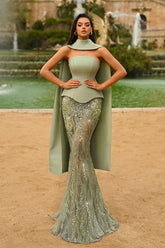 Sage Green High Neck Sleeveless Mermaid Lace Appliques Floor Length Formal Evening Gown
