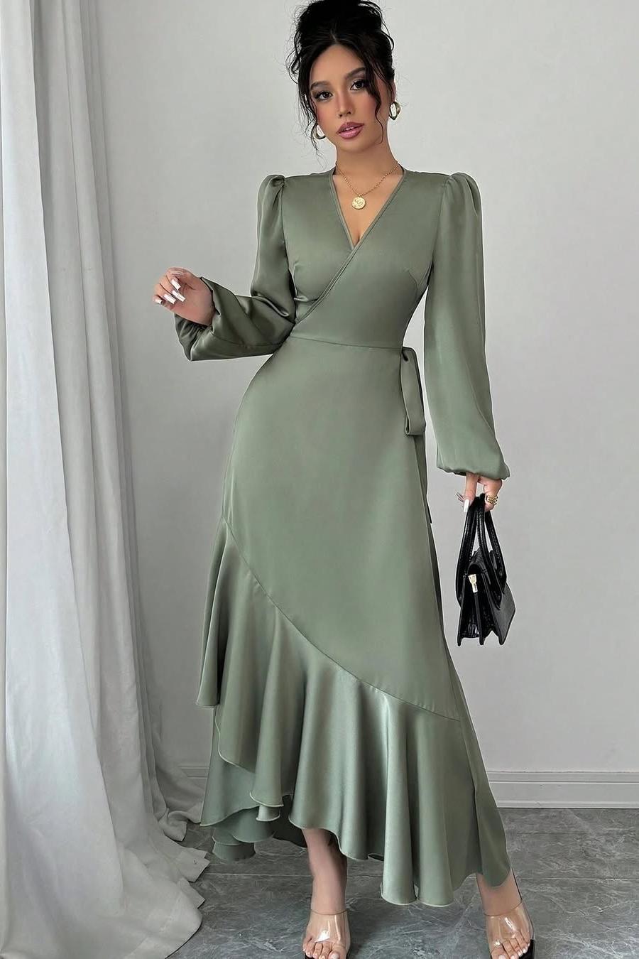 Sage Green Long Sleeve V Neck Fit and Flare Satin Midi Formal Dress With Ruffles