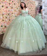 Sage Green Off-Shoulder Sleeveless Butterfly Applique Ball Gown Quinceanera Dress