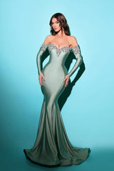 Sage Green Off-the-Shoulder Long Sleeve Mermaid Satin Appliques Formal Evening Dress