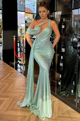 Mint one shoulder ruched mermaid evening dress