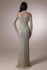 Sage Green Rhinestone Scoop Long Sleeve Beaded Sequined Bodycon Floor Length Evening Gown