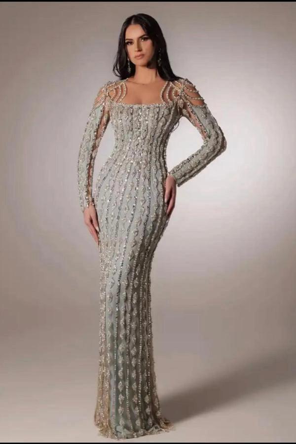 Sage Green Rhinestone Scoop Long Sleeve Beaded Sequined Bodycon Floor Length Evening Gown