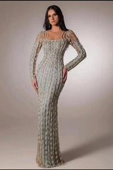Sage Green Rhinestone Scoop Long Sleeve Beaded Sequined Bodycon Floor Length Evening Gown