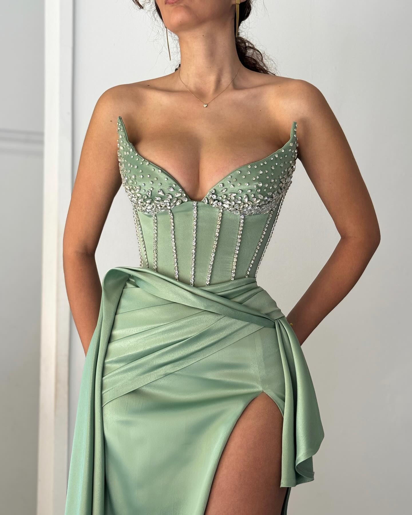 Sage Green Satin Mermaid Evening Dress Strapless Sweetheart Sheer Crystal Beaded Corset Draped Waist High Slit Formal Gown
