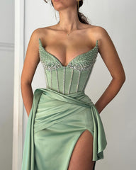 Sage Green Satin Mermaid Evening Dress Strapless Sweetheart Sheer Crystal Beaded Corset Draped Waist High Slit Formal Gown