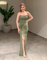 Sage Green Strapless Beaded Satin Mermaid Split Front Floor Length Formal Evening Gown