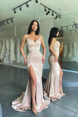 Sage Green Strapless Sweetheart Button Satin Mermaid Slit Floor Length Formal Evening Gown