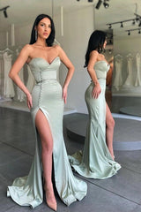 Sage Green Strapless Sweetheart Button Satin Mermaid Slit Floor Length Formal Evening Gown