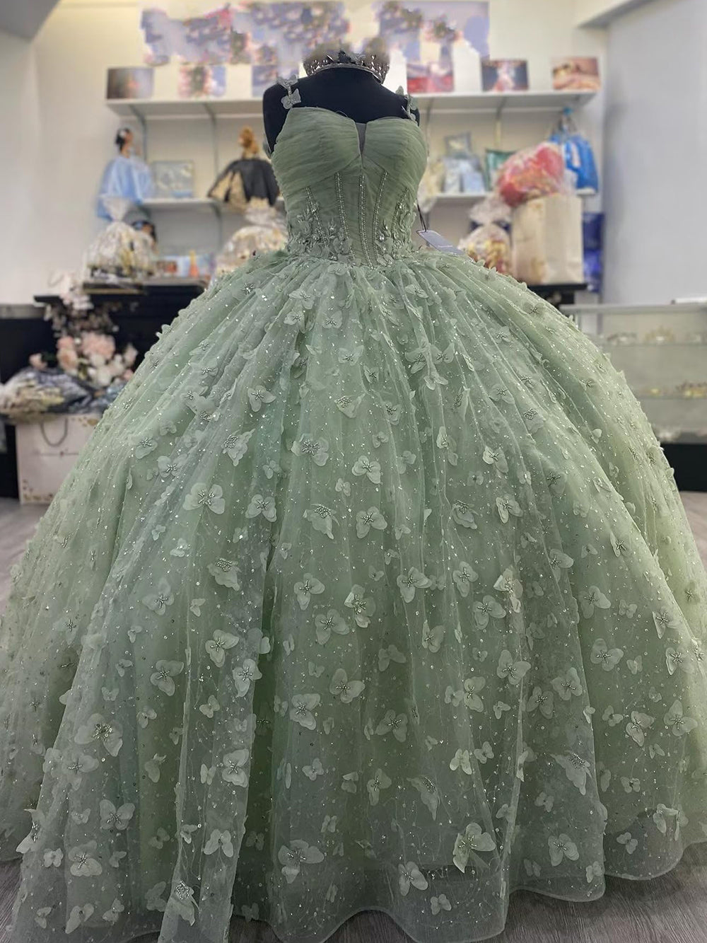 Sage Green Sweetheart Sleeveless 3D Butterfly Applique Bow Ball Gown Quinceanera Dress
