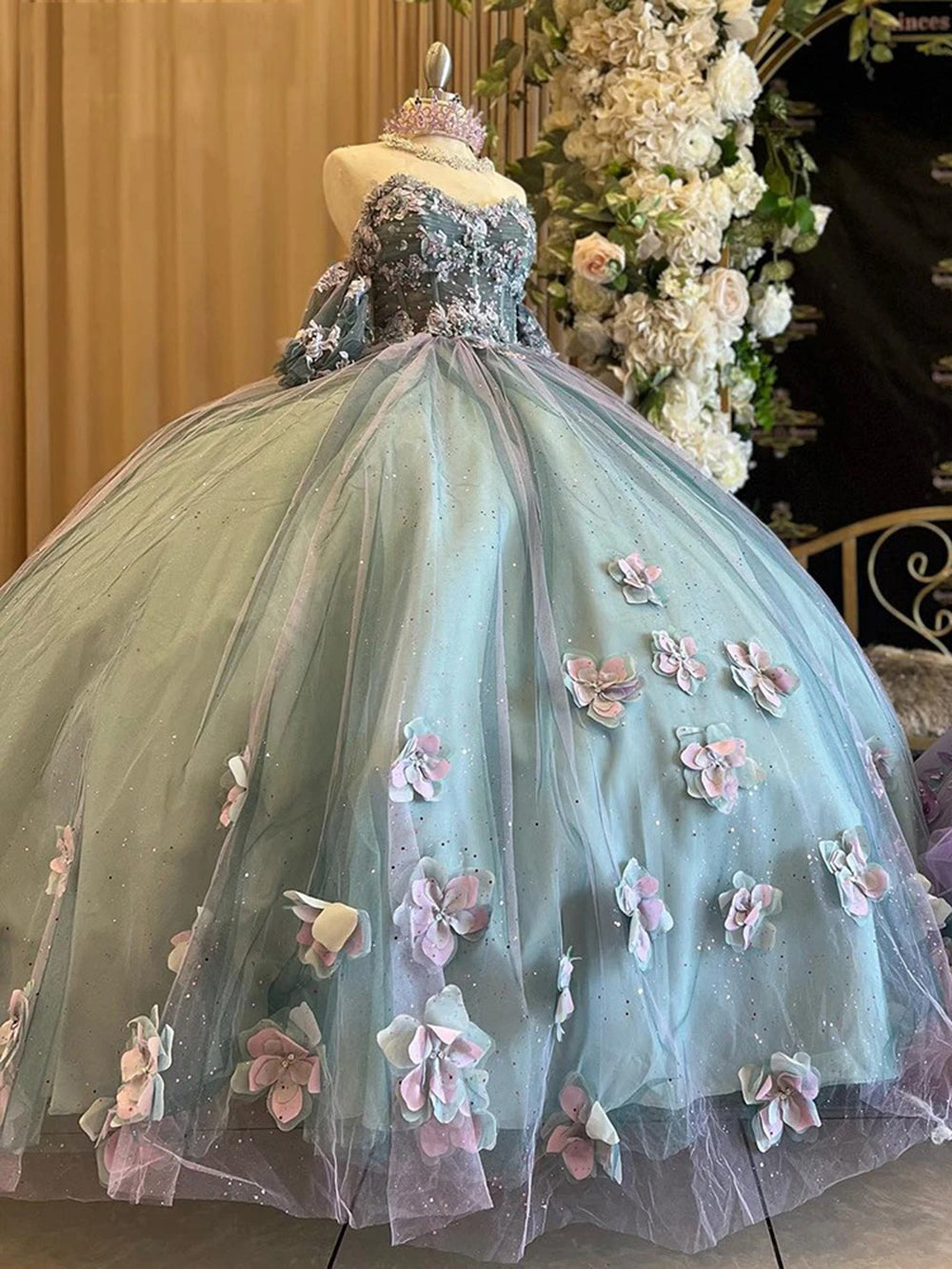 Sage Green Sweetheart Sleeveless 3D Floral Applique Beaded Ball Gown Quinceanera Dress