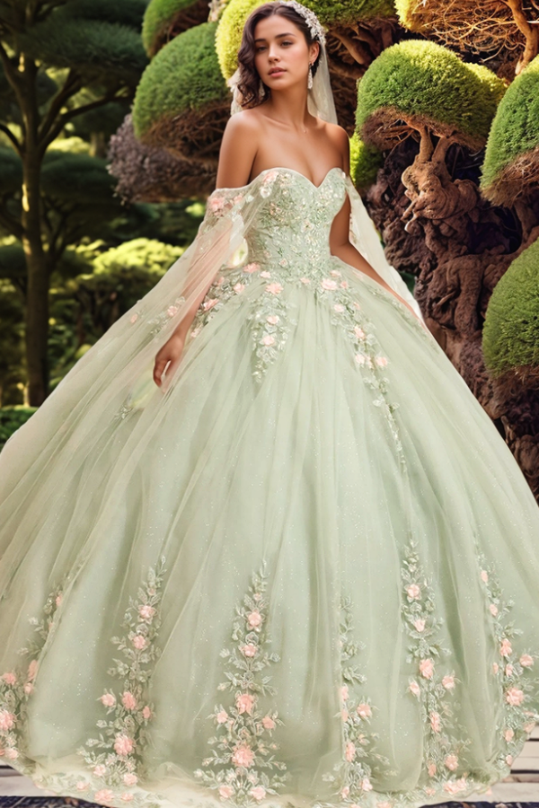Sage Green Sweetheart Sleeveless 3D Floral Applique Beading Ball Gown Quinceanera Dress
