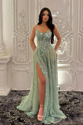Sage Green Sweetheart Sleeveless Applique Beaded A-Line Floor Length Formal Evening Dress