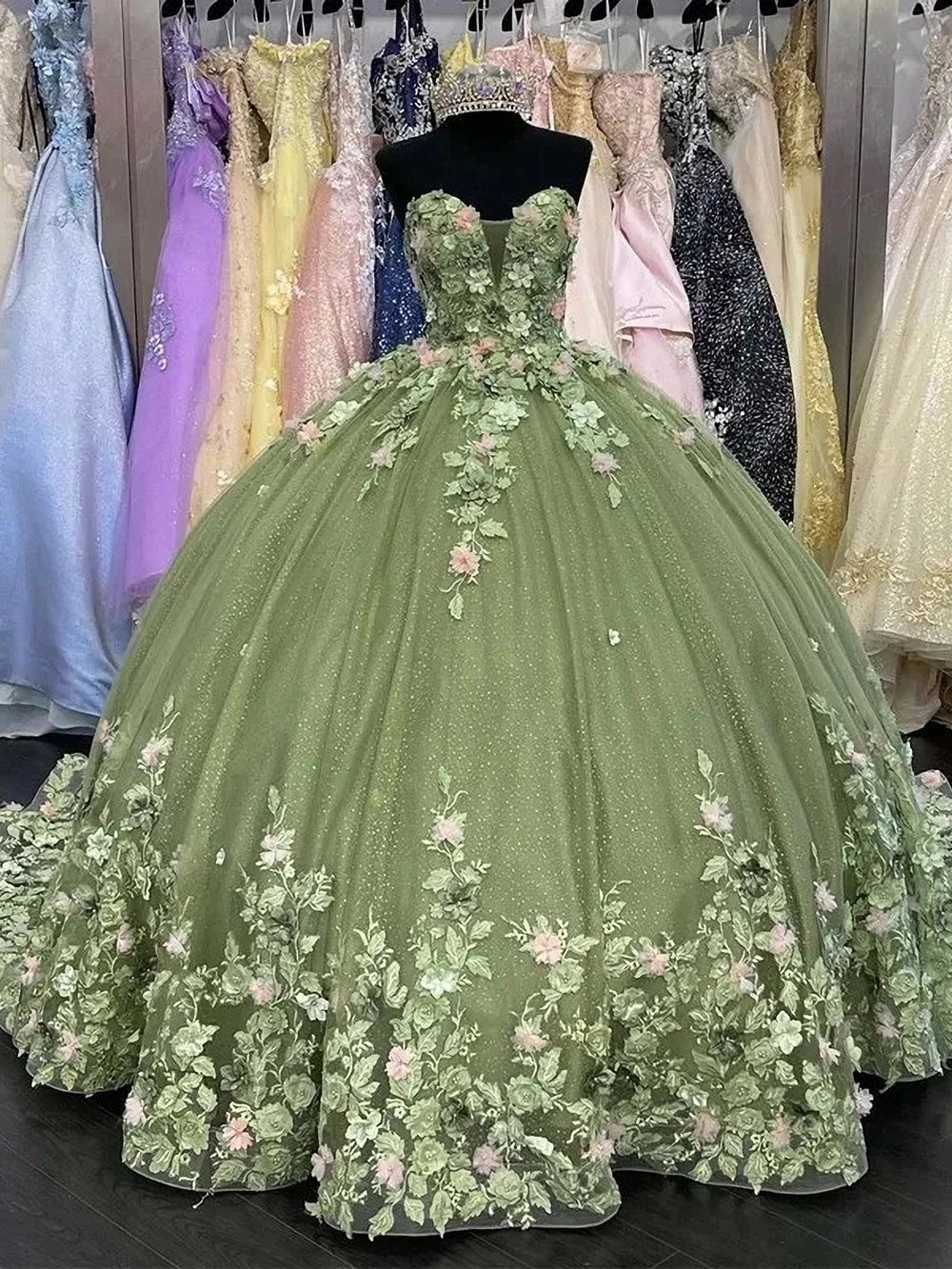 Sage Green Sweetheart Sleeveless Floral Applique Beaded Ball Gown Quinceanera Dress