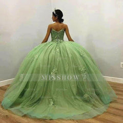 Sage Green Sweetheart Sleeveless Lace Applique Beaded Ball Gown Quinceanera Dress