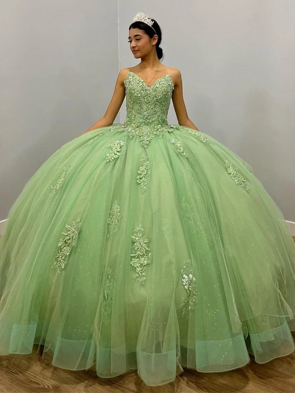 Sage Green Sweetheart Sleeveless Lace Applique Beaded Ball Gown Quinceanera Dress