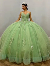 Sage Green Sweetheart Sleeveless Lace Applique Beaded Ball Gown Quinceanera Dress