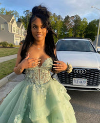 Sage Green Tulle Ball Gown Prom Dress Spaghetti Straps Sweetheart Lace Corset Bodice 3D Floral Tiered Layered Skirt