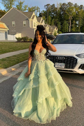 Sage Green Tulle Ball Gown Prom Dress Spaghetti Straps Sweetheart Lace Corset Bodice 3D Floral Tiered Layered Skirt