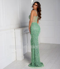 Sage Mint Square Sleeveless Sequined Beaded Sheer Bodice Mermaid Floor Formal Evening Gown