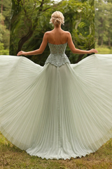 Sage Strapless Sweetheart Beaded Corset A-Line Pleated Tulle Floor Length Evening Gown