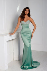 Sage Sweetheart Sleeveless Rhinestone Beaded Mermaid Satin Floor Length Evening Gown