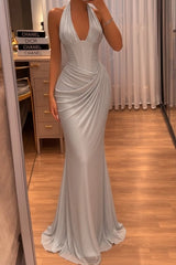 Yellow Rhinestone Halter Sleeveless Mermaid Satin Ruched Floor Length Formal Evening Gown