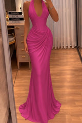 Yellow Rhinestone Halter Sleeveless Mermaid Satin Ruched Floor Length Formal Evening Gown