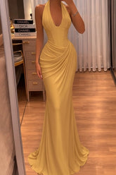 Satin Halter Mermaid Evening Dress Deep V-Neck Ruched Waist Open Back Formal Gown with Sweep Train